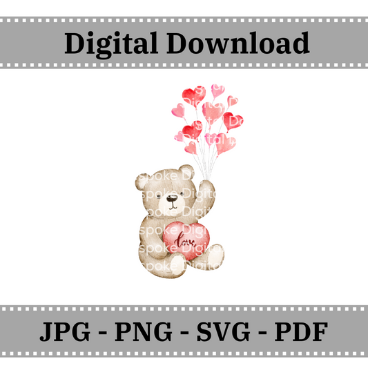 Valentine's Bear & Balloons Design 2 - Digital Download